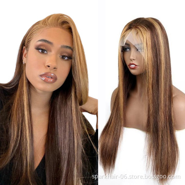 SPARK Blonde 30 Inch Long Straight Brown 13X4 Transparent Lace Highlighted Human Hair Wigs 10a Highlight Body Wave Hair Full Wig